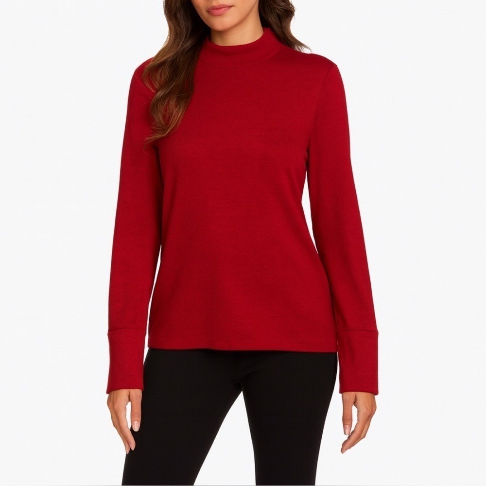NWT Rafaella Red Mock Neck Sweater XL Gold Button Quiet Luxury Preppy MSRP $69